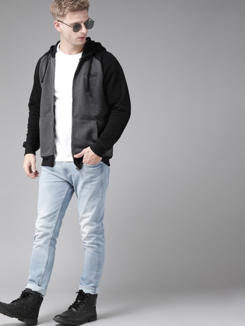 

Roadster Men Charcoal Grey & Black Solid Hooded Sweatshirt