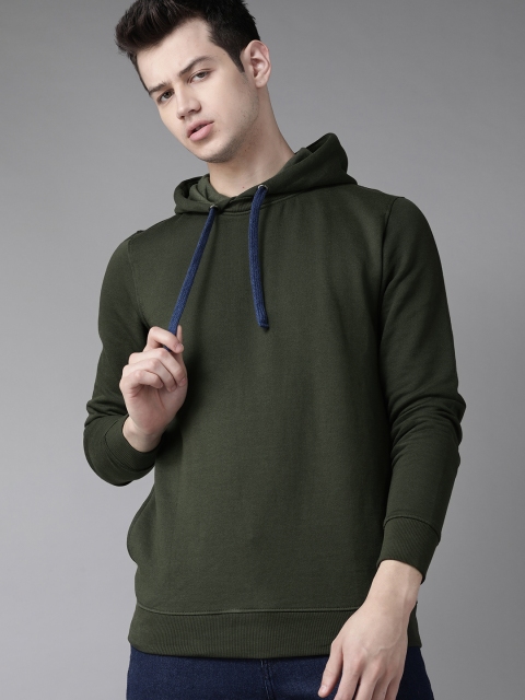 

Roadster Men Olive Green Solid Hooded Sweatshirt