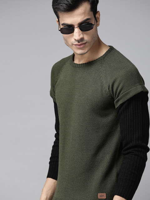

Roadster Men Olive Green Solid Pullover Sweater