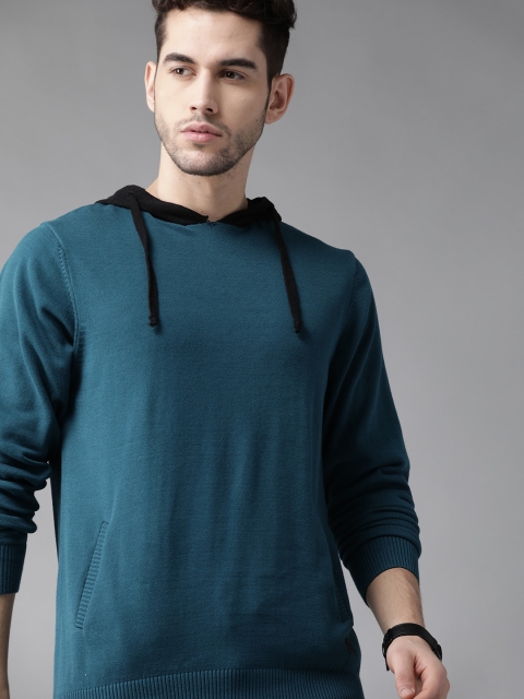 

Roadster Men Teal Blue Solid Hooded Pullover Sweater