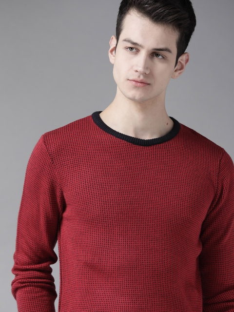 

Roadster Men Maroon & Black Self-Design Acrylic Pullover Sweater
