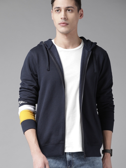 

Roadster Men Navy Blue & Yellow Solid Hooded Sweatshirt