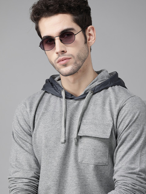 

Roadster Men Grey Melange Solid Hooded Sweatshirt
