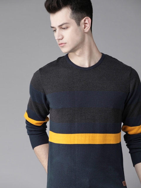 

Roadster Men Navy Blue & Charcoal Grey Striped Pullover Detail Sweater