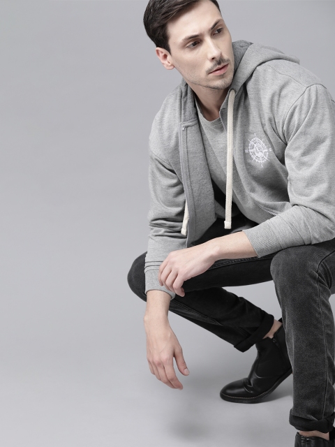 

Roadster Men Grey Melange Solid Hooded Sweatshirt