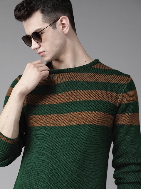 

Roadster Men Green & Mustard Brown Striped Pullover Sweater
