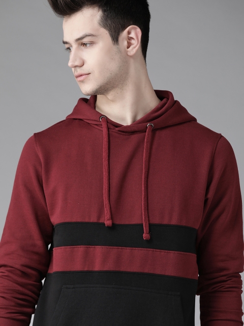 

Roadster Men Maroon & Black Colourblocked Hooded Sweatshirt