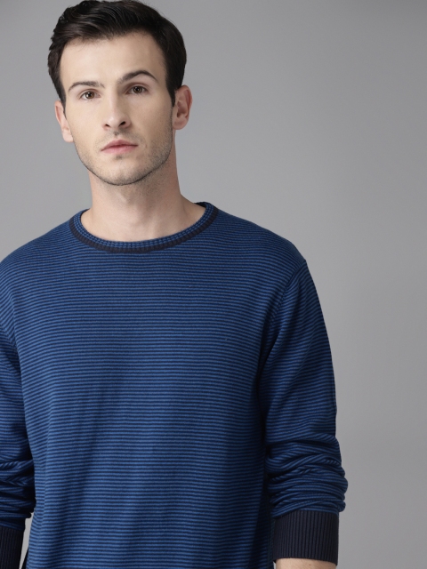 

Roadster Men Navy Blue & Black Striped Pullover Sweater