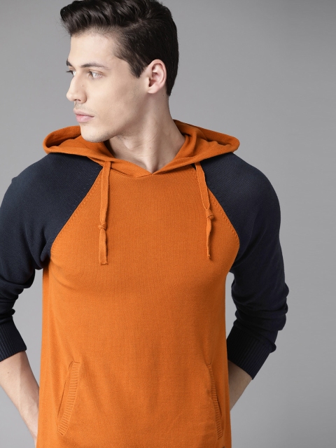 

Roadster Men Rust Orange & Navy Blue Solid Hooded Pullover
