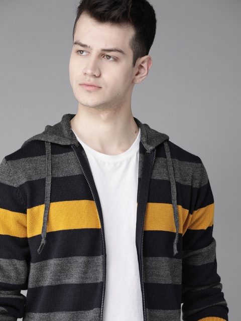 

Roadster Men Charcoal & Black Striped Hooded Sweatshirt