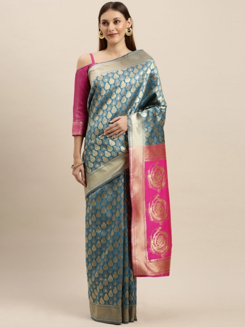 

SHAVYA Green & Pink Pure Silk Woven Design Banarasi Saree
