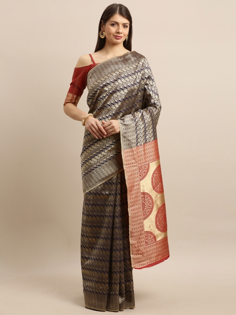 

SHAVYA Red & Navy Blue Pure Silk Woven Design Banarasi Saree
