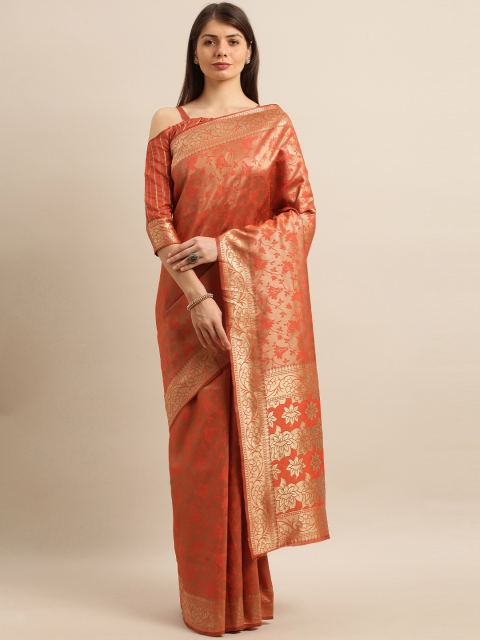 

SHAVYA Orange & Gold-Toned Pure Silk Woven Design Banarasi Saree