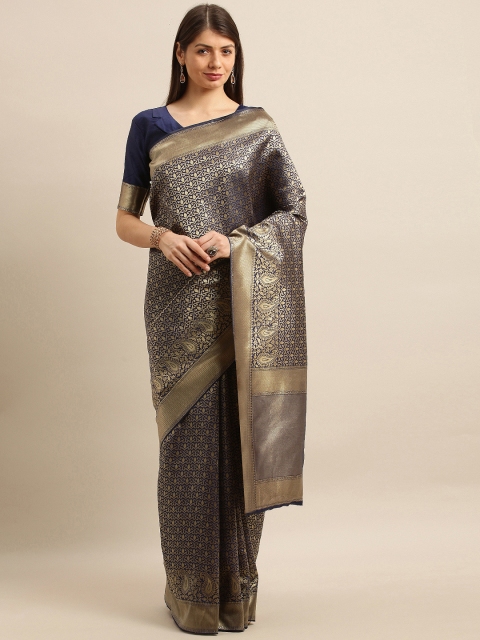 

SHAVYA Navy Blue & Gold-Toned Pure Silk Woven Design Banarasi Saree