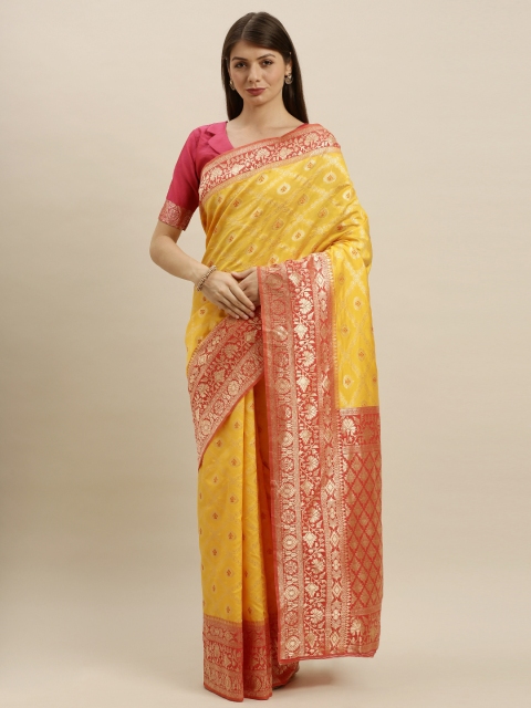 

SHAVYA Yellow & Red Pure Silk Woven Design Banarasi Saree