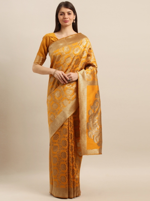 

SHAVYA Mustard Yellow & Gold-Toned Pure Silk Woven Design Banarasi Saree