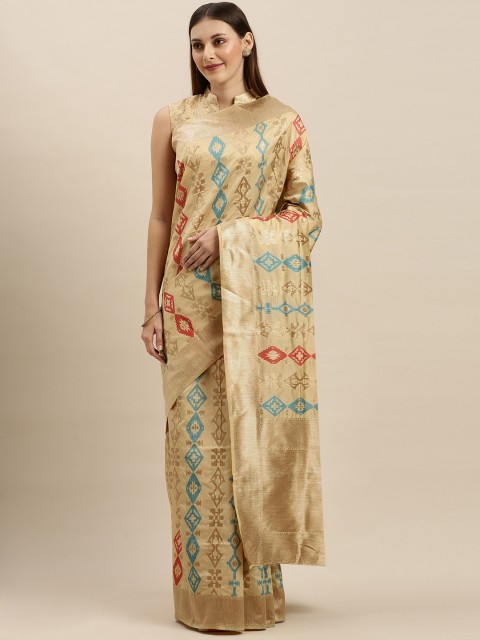 

SHAVYA Cream-Coloured & Blue Pure Silk Woven Design Banarasi Saree