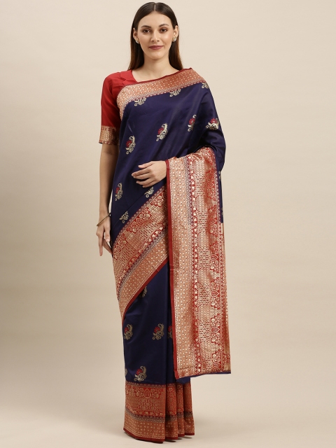 

SHAVYA Navy Blue & Gold-Toned Pure Silk Woven Design Banarasi Saree