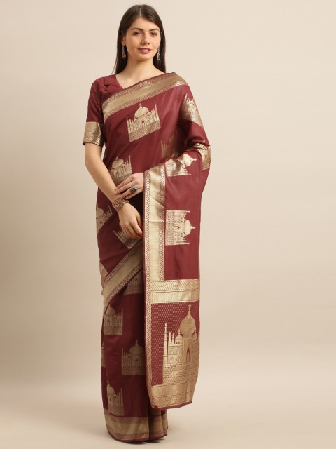 

SHAVYA Maroon & Gold-Toned Pure Silk Woven Design Banarasi Saree