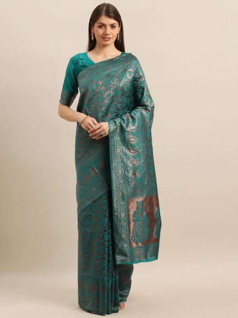 

SHAVYA Teal Green & Brown Floral Woven Design Banarasi Saree