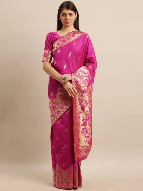 

SHAVYA Pink & Gold-Toned Pure Silk Woven Design Banarasi Saree