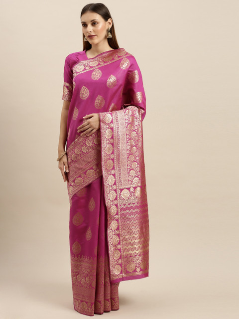 

SHAVYA Pink & Gold-Toned Pure Silk Woven Design Banarasi Saree