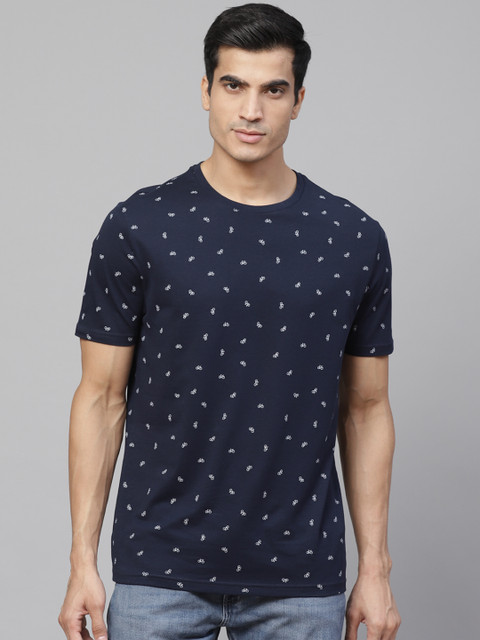 

Marks Spencer Men Navy Blue White Printed Round Neck Pure Cotton T-shirt