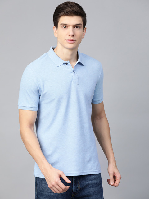 

Marks Spencer Men Blue Slim Fit Solid Polo Collar Pure Cotton T-shirt