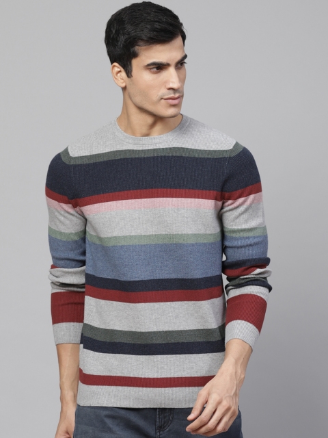 

Marks & Spencer Men Grey Melange & Blue Striped Pullover Sweater