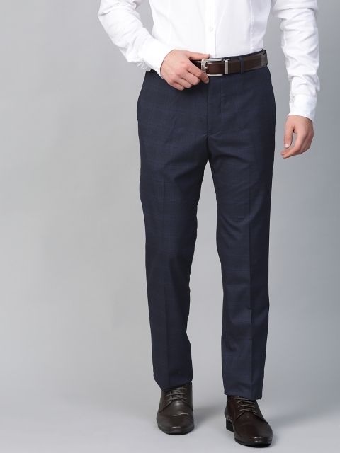 

Marks & Spencer Men Navy Blue Tailored Fit Checked Formal Trousers