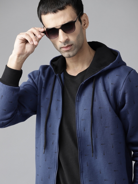 

Roadster Men Navy Blue & Black Printed Hooded Sweatshirt