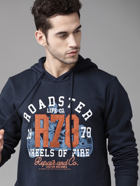 

Roadster Men Navy Blue & White Printed Hooded Sweatshirt