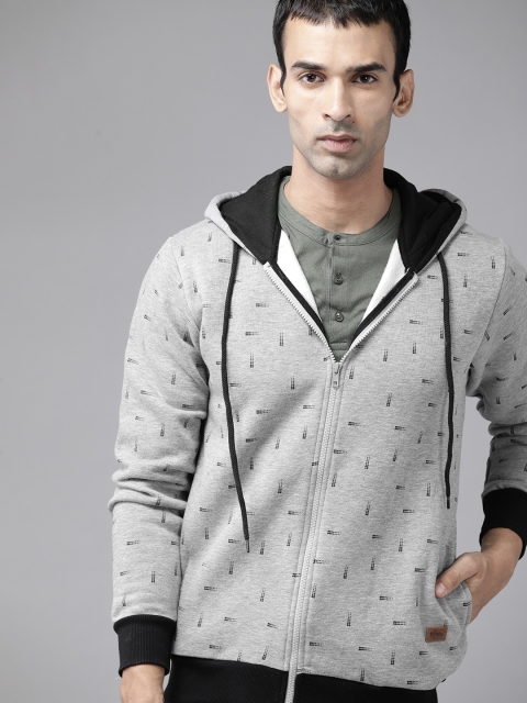 

Roadster Men Grey Melange & Black Printed Hooded Sweatshirt