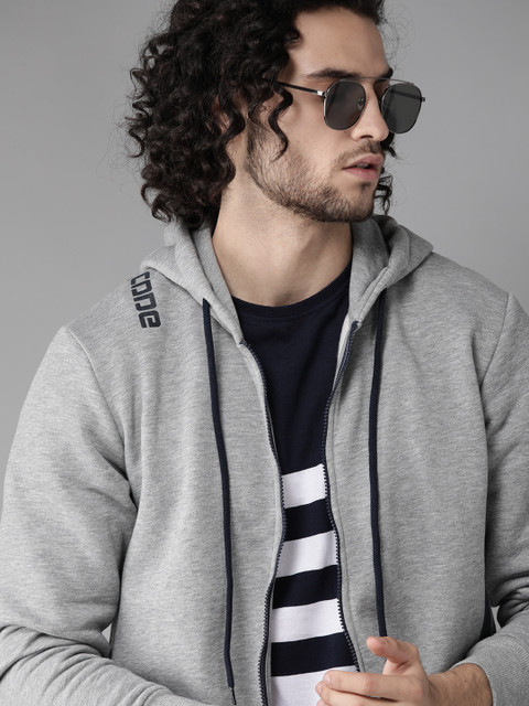 

Roadster Men Grey Melange Solid Hooded Sweatshirt