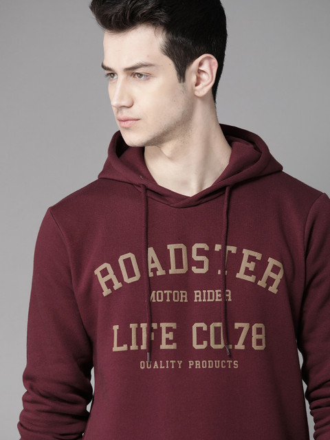 

Roadster Men Maroon & Beige Brand Logo Print Hooded Sweatshirt