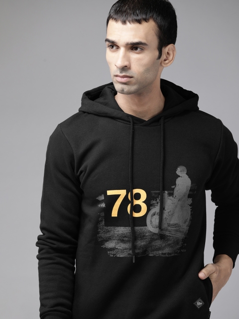 

Roadster Men Black Printed Hooded Sweatshirt