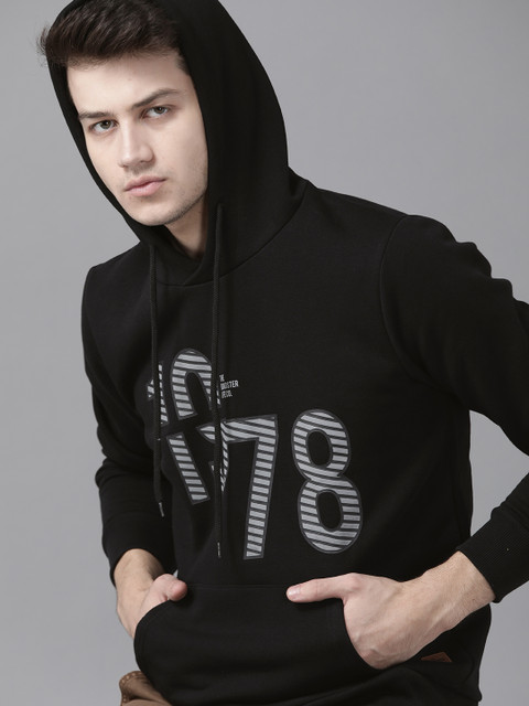 

Roadster Men Black & Grey Printed Hooded Sweatshirt
