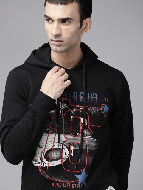 

Roadster Men Black & Blue Printed Hooded Sweatshirt