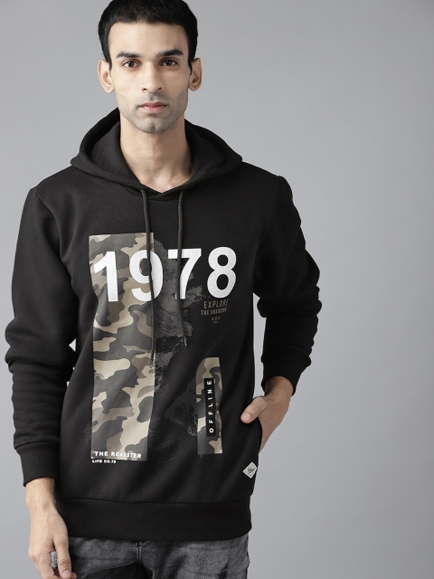 

Roadster Men Black Printed Hooded Sweatshirt