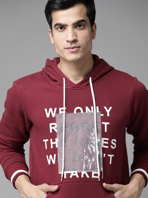 Men Maroon & White Printed Hooded Sweatshirt