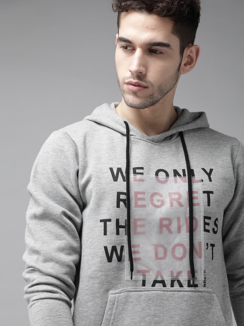 

Roadster Men Grey Melange & Black Typography Print Hooded Sweatshirt