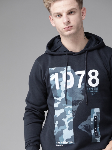 

Roadster Men Navy Blue & White Camouflage Hooded Sweatshirt