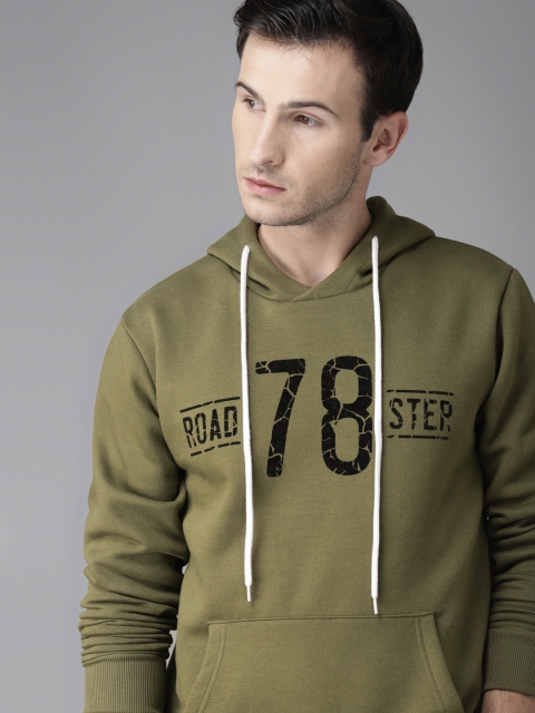 

Roadster Men Olive Green & Black Printed Hooded Sweatshirt