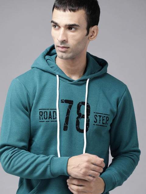 

Roadster Men Teal Blue & Black Printed Hooded Sweatshirt