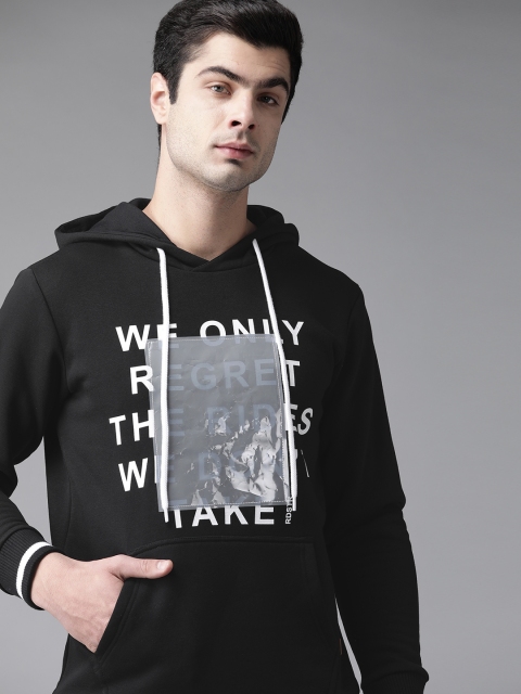 

Roadster Men Black & White Printed Hooded Sweatshirt