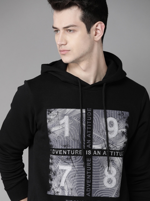 

Roadster Men Black & Grey Printed Hooded Sweatshirt