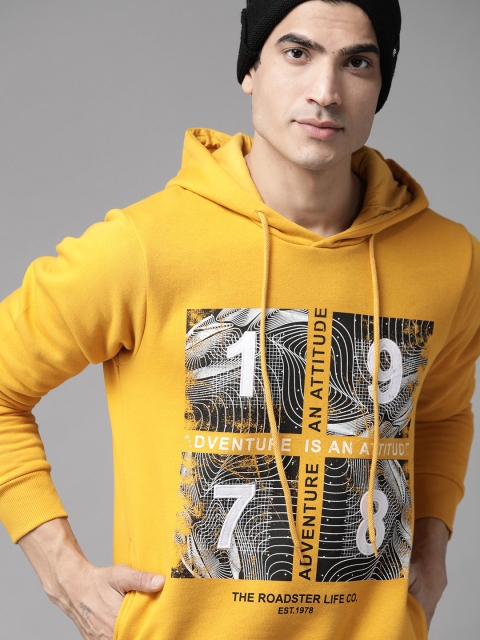 Men Yellow & Black Printed Hooded Sweatshirt