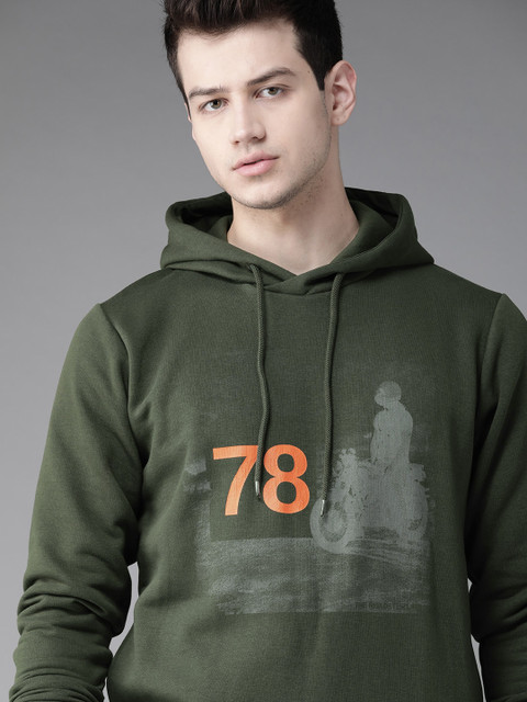 

Roadster Men Olive Green & Orange Graphic Print Hooded Sweatshirt