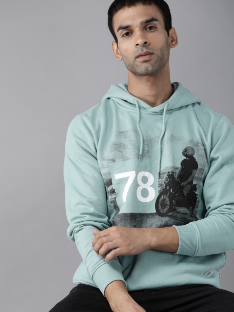 

Roadster Men Sea Green & Black Printed Hooded Sweatshirt