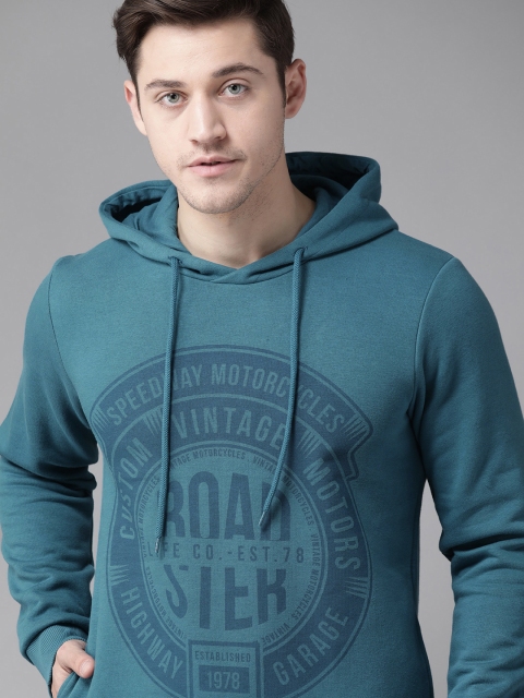 

Roadster Men Blue Printed Hooded Sweatshirt